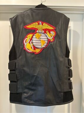 Xelement Black Leather Vest with Red & Yellow Back Patch like new